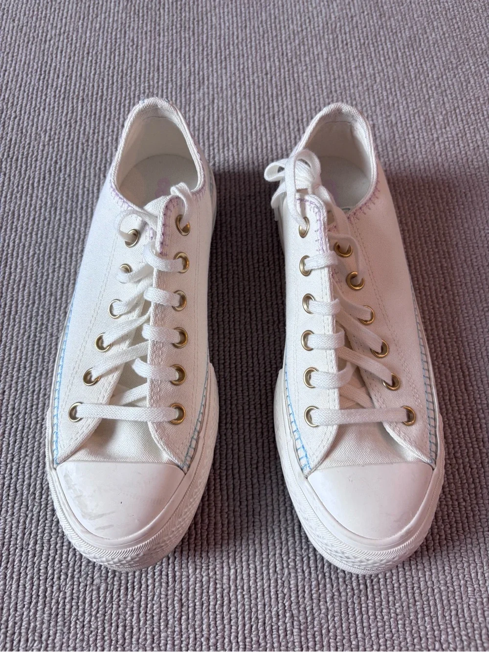 Converse White Low-Top Canvas Platform with Gold Eyelets and pastel stitching